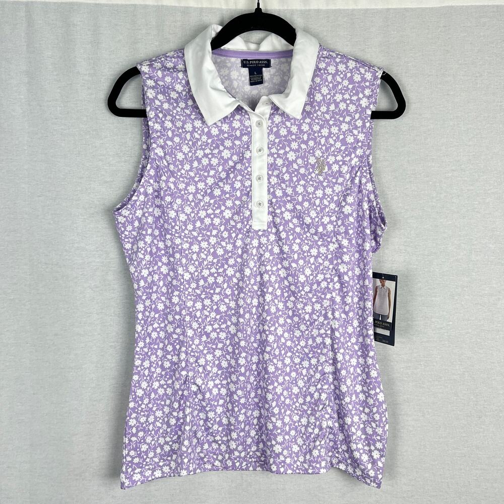 NWT U.S. Polo Assn. Top Purple Floral Polo Tank Golf Tennis Preppy Performance